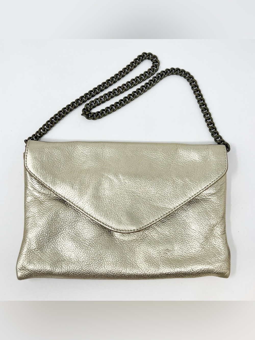 J.Crew Metallic Gold Leather Envelope Clutch Chain Shoulder Bag